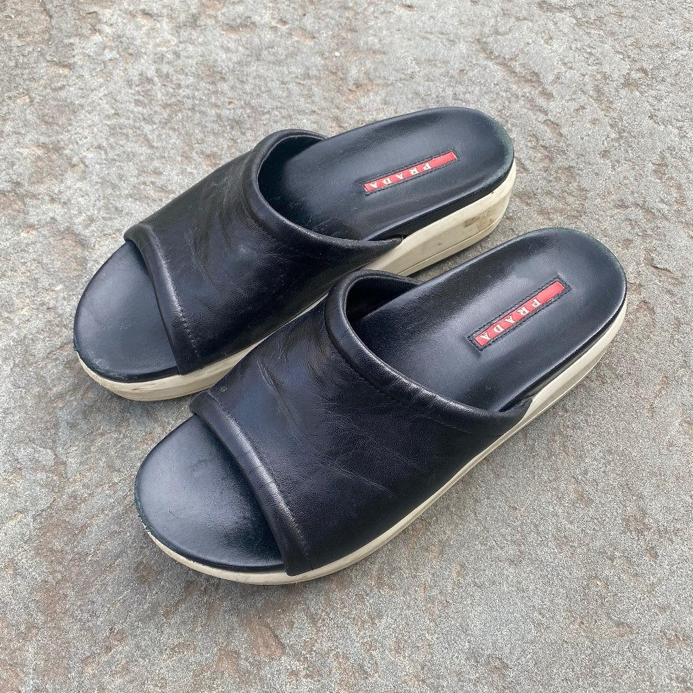 Vintage PRADA Linea Rossa Black Leather Platform Slides